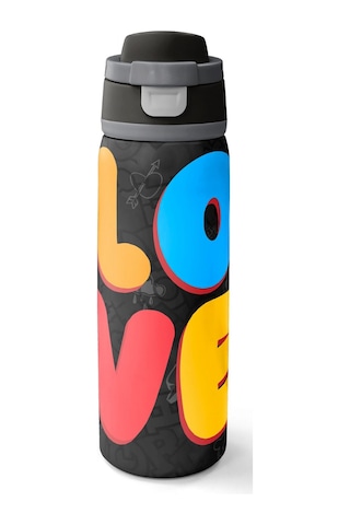 Coral High 800 Ml Erkek Çocuk Siyah Çok Renkli Love Baskılı Pipetli Ve Direkt İçim Çelik Termos/matara - 38508 Sarı - Mavi
