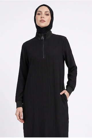 Armine Trend Yarım Fermuarlı Kolları Lastikli Çilek Kumaş Tunik Siyah 26yt462