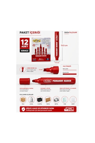 Mavi Permanent Marker Koli Kalemi 12 Li Paket 3 Mm Kesik Uç Kırmızı