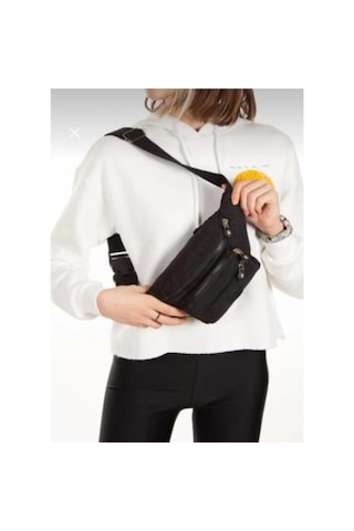 Newish Polo Krinkıl Kumaş Bel Ve Omuz Çantası-free Bag Siyah