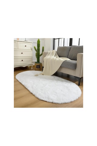Beyaz Oval Post Halı Peluş Yumuşak Kaymaz Dot Taban Makinada Yıkanabilir Yolluk Beyaz