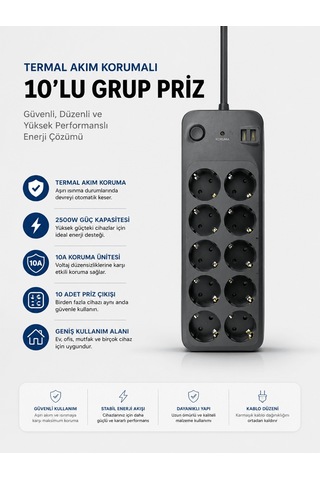 Termal Akım Korumalı Usb Type-c Girişli 10'lu Grup Priz 2500w Güç Kapasitesi Kopya 100 CM