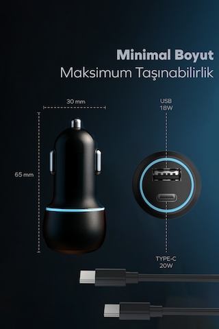 Woyax Araç Şarj Aleti Çakmaklık Type-c + Usb Girişli Kablolu Set 38w 2 İn 1 Car Charger