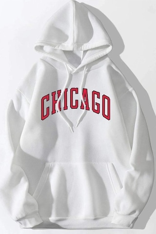 Unisex Beyaz Chicago Baskılı Oversize Kapşonlu Sweatshirt 001