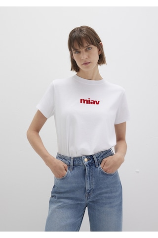 Mavi - Kırmızı Miav Baskılı Beyaz Tişört 1610622-86417 Beyaz
