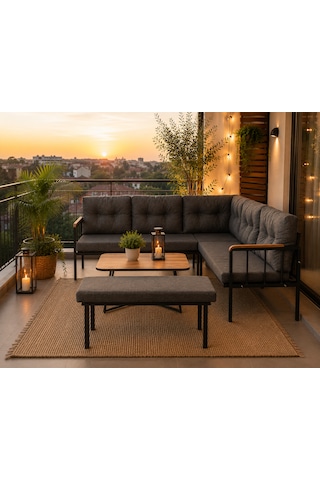Riva Metal Bahçe Balkon Köşe Takımı Siyah Boyalı İskelet Keten Kumaş Süngerli 180x120 Cm Antrasit