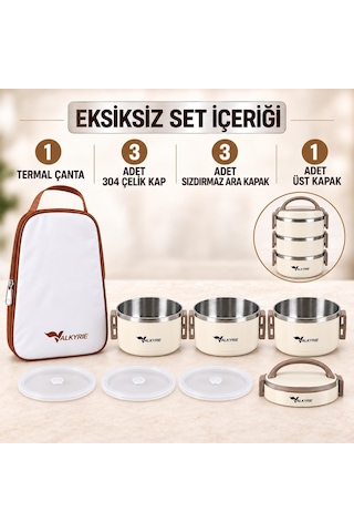 Valkyrie 3 Katlı 304 Paslanmaz Çelik Yemek Termosu Isı Yalıtımlı Sızdırmaz Sefer Tası Termal Çantalı Krem