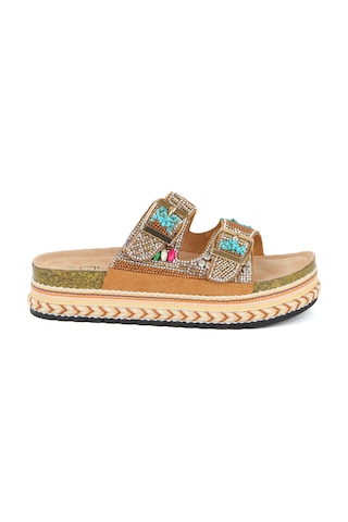 Guja 25y103 Kadın Mantar Platform Taban Taşlı Çift Tokalı Comfort Terlik Camel Fuşya