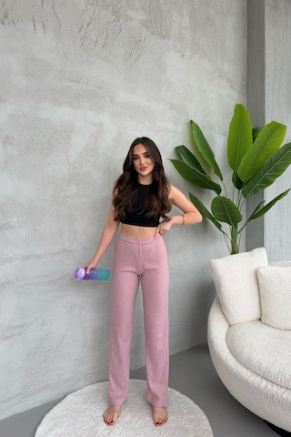 Kadın Gül Kurusu Yüksek Bel Fitilli Bol Paça Günlük İnce Eşofman Altı GÜL KURUSU