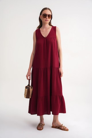 Mixray 4673 Kadın Büzgü Detaylı Müslin Elbise Bordo Bordo