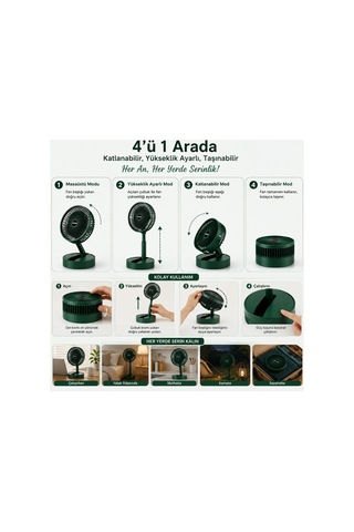 Şarjlı Katlanabilir Masaüstü Vantilatör, Yeşil, Yükseklik Ayarlı, 3 Kademeli Hız, Usb Şarjlı, Sessiz Taşınabilir Mini Fan Beyaz - 888190452
