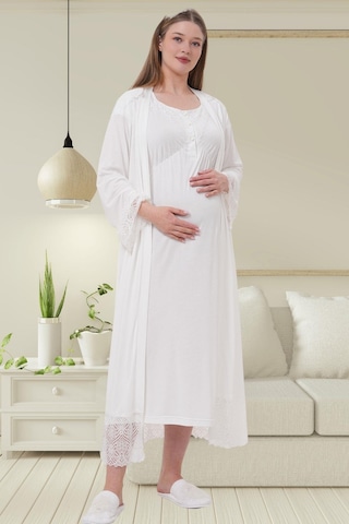 Mecit Pijama Mecit 6204 Ekru Hamile Lohusa Dantelli Sabahlık Gecelik Takım