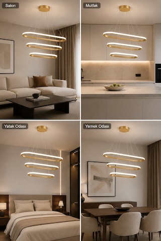 AvizeGO Elipso 3'lü Led Sarkıt Avize 3 Renk Kumandalı Eskitme