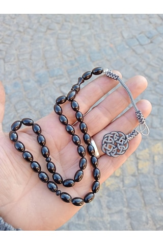 33Tesbih Ateş Kehrıbar Tesbıh Sıyah Gümüş Tasarımlı Kutulu Belgelı