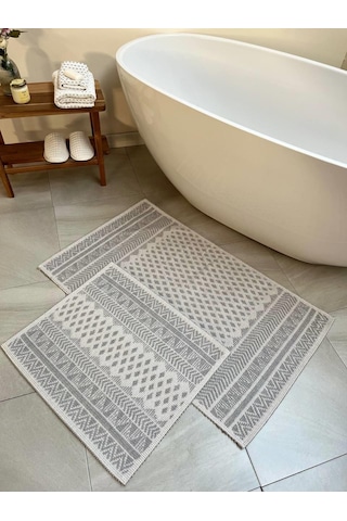 Tapis Bukle Doğal Pamuklu 2'li Banyo Paspas & Halı Seti 60x100+50x60 Cm - Gri Gri