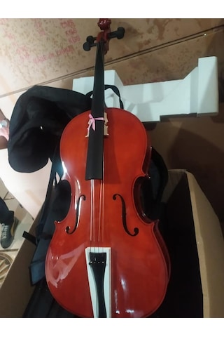 Valeria 4/4 Tamboy Parlak Cila Hareli Çello Seti-kılıf-yay-reçine