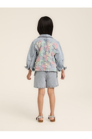 Kız Çocuk Çiçek Desenli Kot Ceket-15617 Mavi