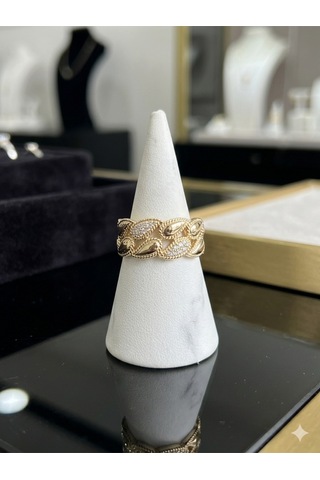 Kadın Gold Renk Zirkon Taşlı Damla Motifli Örgü Detaylı Ayarlanabilir Yüzük Altın
