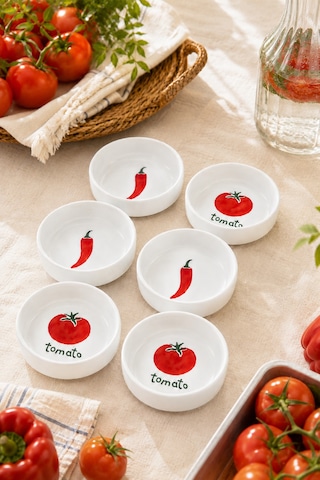 6 Lı Domates Ve Biber Desenli Seramik Çerezlik Seti 10 Cm Kahvaltılık Sosluk Reçellik Kase Takımı Beyaz