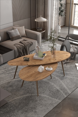 Orta Sehpa Seti Modern 2 Li Ahşap Ayaklı Salon Oturma Odası Dekoratif Sehpa Takımı 8888 Ceviz Efes Kahverengi