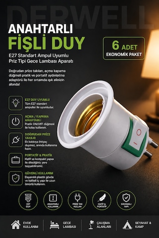 6 Adet Anahtarlı Fişli Duy E27 Standart Ampul Uyumlu Priz Tipi Gece Lambası Aparatı Doğrudan Priza Takılan Açma Kapama Düğmeli Portatif Pratik Duvar Aydınlatma Adaptörü, Beyaz Renk Ekonomik Plastik