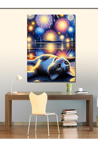 Kanvas Tablo Havai Fişekler Ve Kedi 50cmx70cm
