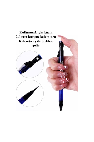 Gri Kalın Uçlu Kalem 2.0 Mm 1 Adet Ve 2.0 Mm Kalın Uç Siyah 2 Adet Ruedo Kalın Uçlu Mekanik Kalem Açık Mavi