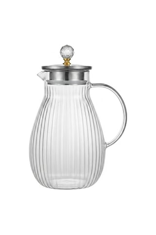 Büyük Boy Borosilikat Tasarım Cam Sürahi,1800 Ml,metal Süzgeç Kapaklı,su,limonata,detoks,çay Sürahisi-taşlı Model