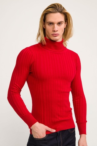 Cekmon Erkek Slim Fit Fitilli Likralı Düz Renkli Triko Boğazlı Kazak Kırmızı