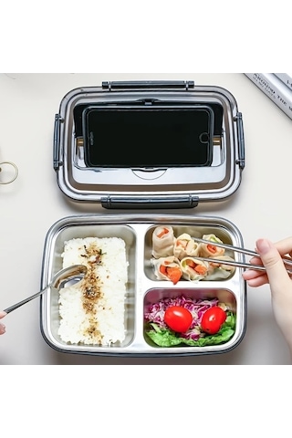 Trendooze Kapalı Meşe Rengi 3 Bölme Dayanıklı 304 Paslanmaz Çelik Sızdırmaz Yemek Kutusu Okul Ofis Kullanımı Pembe