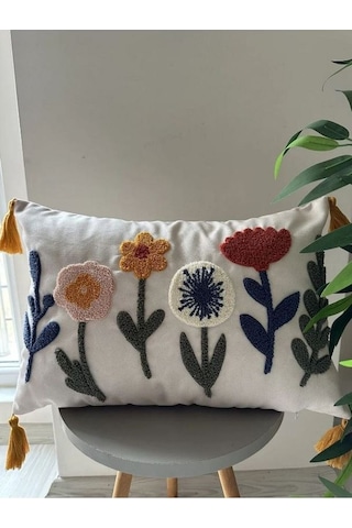 Tekli Punch İşlemeli Çiçekli Flowers Pançlı Nakışlı Dekoratif Kırlent Kılıfı 35x50 Kırmızı Bej