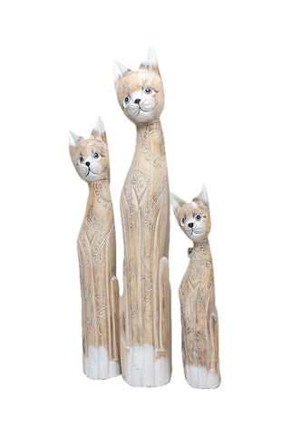 Ahşap Otantik 3 Lü Kedi 100cm Dekoratif Ahşap Kedi 100 80 60 Cm Açık Kahve