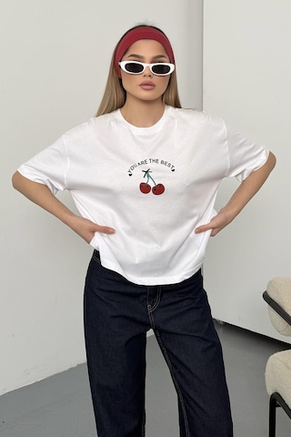 Giysa Kadın Kiraz Baskılı Pamuklu T-shirt Beyaz - 26y 26519
