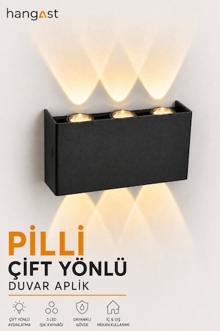 Pilli Gün Işığı 12w 3 Led Çift Yönlü Siyah Duvar Aplik Dekoratif Led Aydınlatma İç Dış Mekan Siyah