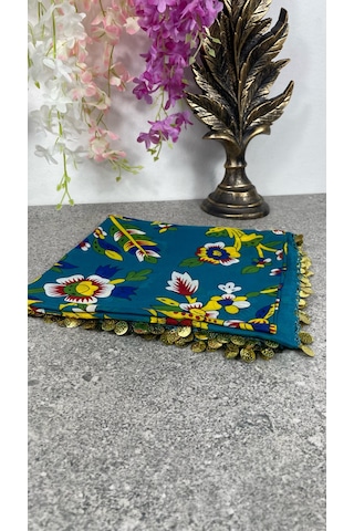 Çengelköy Desenli Pullu Yazma 100x100 Cm Etnik Çiçekli Başörtüsü Çeyizlik Ve Günlük Turkuaz-Çok Renkli