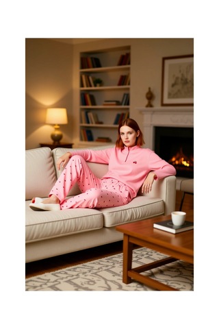 Ersefa Kadın Kiraz Desenli Fermuarlı Waffle Pijama Takımı Uzun Kollu Fon Pembe