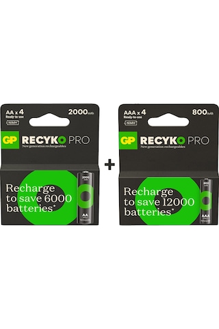 GP ReCyko Pro 2000 mAh AA Ni-MH Şarj Edilebilir Pil 4'lü + 800 mAh AAA Ni-MH Şarj Edilebilir Pil 4'lü