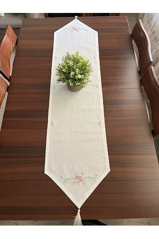 Rokoko Nakışlı Keten Ekru Renk Runner Masa Ve Tv Konsol Örtüsü Ekru