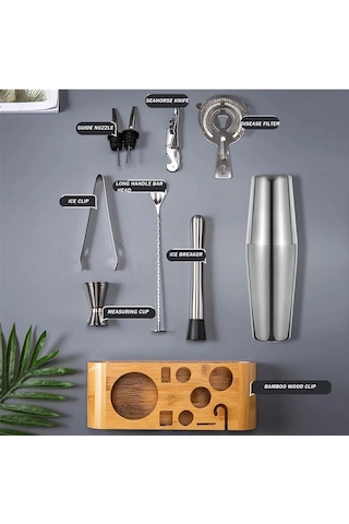 10 Parça Ahşap Standlı Boston Shaker Kokteyl Seti, Metal Malzeme İle Modern Tasarım 750 Ml