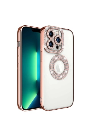 Apple Uyumlu iPhone 13 Pro Kılıf Kamera Korumalı Taş Süslemeli Arkası Şeffaf Redclick Asya Kapak - Rose Gold