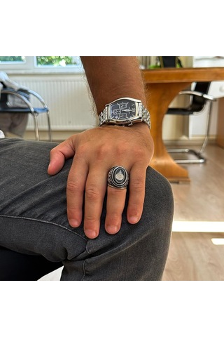 İslami Erkek Yüzüğü, Hat Sanatı Tasarımı, Oniks Taşlı Sterlin Gümüş Dinî Yüzük Gümüş