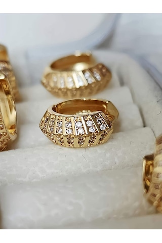 6'lı Oval Minimalist Hoop Zirkon Taşlı Altın Kaplama Gold Renk Küpe Seti Altın