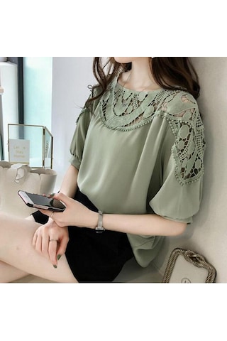 Moda Kısa Kollu Kadın Bluz Gömlek Şifon Kadın Giyim Artı Boyutu Kadın Üstleri Ofis Gömlek Yeşil