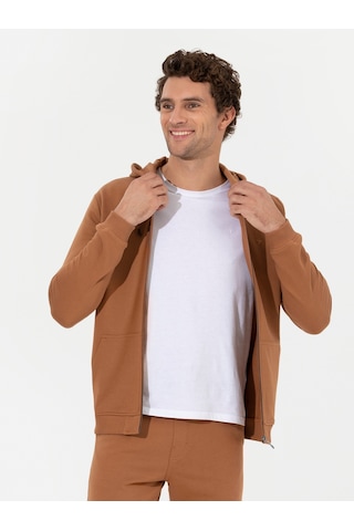 Camel %100 Pamuk Tam Fermuarlı Kapüşonlu Sweatshirt Kahverengi