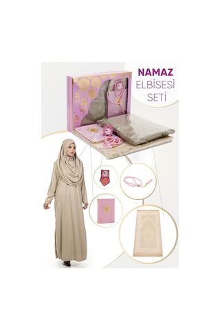 Pratik Başörtülü Tek Parça Namaz Elbisesi Ve Seccade Seti Pembe Pembe