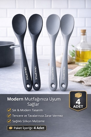 4 Adet Ultra Sert Uçlu Silikon Servis Pilav Kaşığı Yüksek Isıya Dayanıklı Yanmaz Yapışmaz Çok Renkli