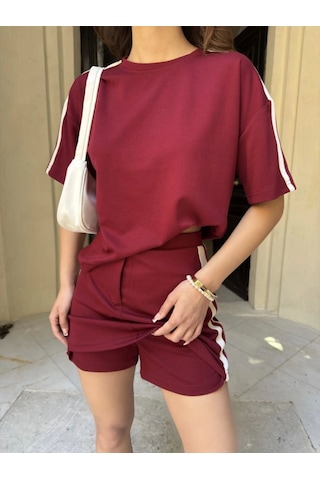 Moderie Butik Osy Modal Yumuşak Dokulu Kumaş Parçalı Bisiklet Yaka T-shirt Mini Şortlu Etek İkili Takım -bordo Bordo