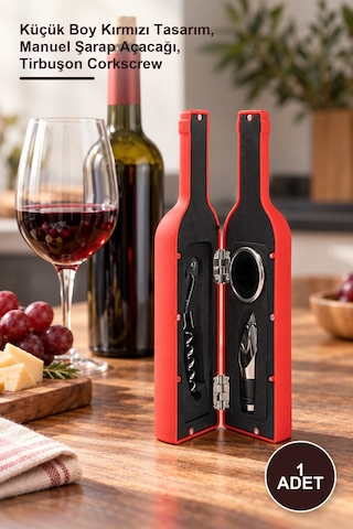 1 Adet Şişe Tirbuşon Seti Küçük Boy Kırmızı Tasarım, Manuel Şarap Açacağı, Tirbuşon Corkscrew Diğer
