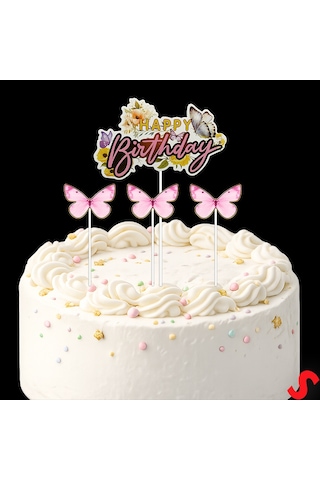 Kelebekli Happy Birthday Pasta Süsü 4 Lü Set - Pembe