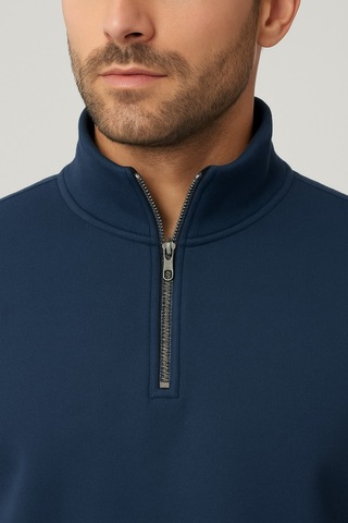 We&me Regular Fit Yarım Fermuarlı Dik Yaka Basic Sweatshirt Mavi